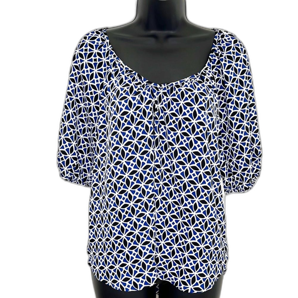 Counterparts Abstract Print Scoop Neck 3/4 Elastic Sleeve Blue White Black Small